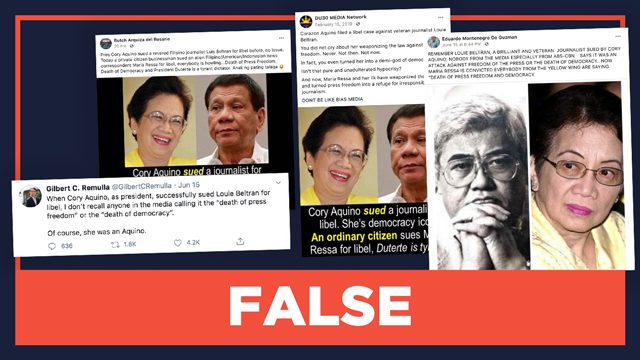 FALSE: Cory Aquino’s libel suit vs Beltran was not deemed press freedom issue