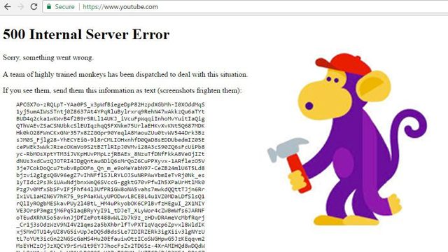 YOUTUBE ERROR. A screenshot of the YouTube internal server error affecting the site. Screen shot from YouTube.com 