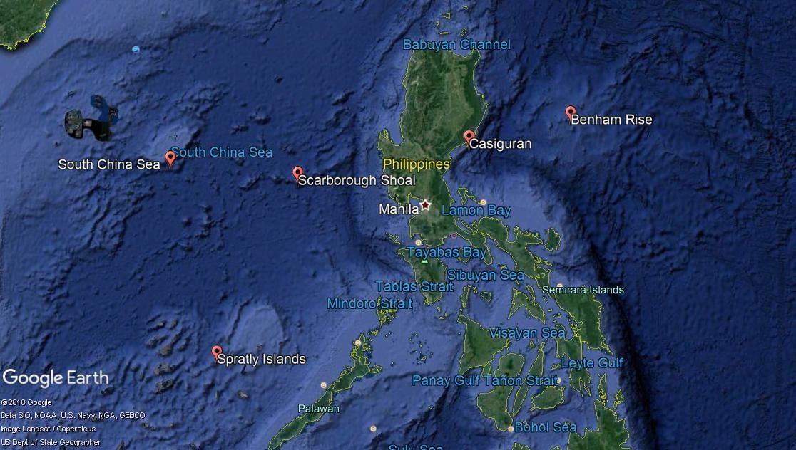 A view of the West Philippine Sea (South China Sea), Spratly Islands, Scarborough Shoal, Casiguran Bay, and Benham Rise. Courtesy of Google Earth 2018. 