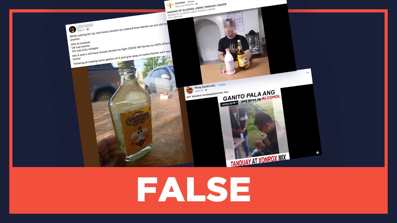 FALSE: Tanduay and Zonrox mix can be used as alcohol