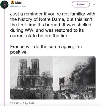 A screenshot of a tweet that claims the Notre-Dame caught fire in World War I.  