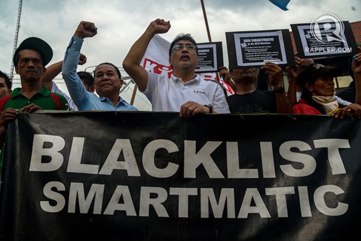 BLACKLIST. Members of the C3E push for the blacklisting of Smartmatic in future election-related projects. Jansen Romero/Rappler