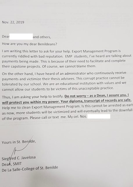 INVITATION TO TESTIFY. The dean asks students to testify against an administrator who continuously receives payments and victimizes thesis advisees. Sourced photo 
