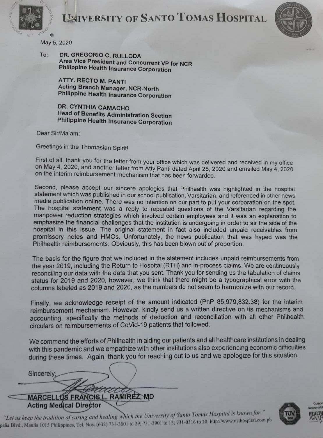 Copy of the USTH letter to PhilHealth 