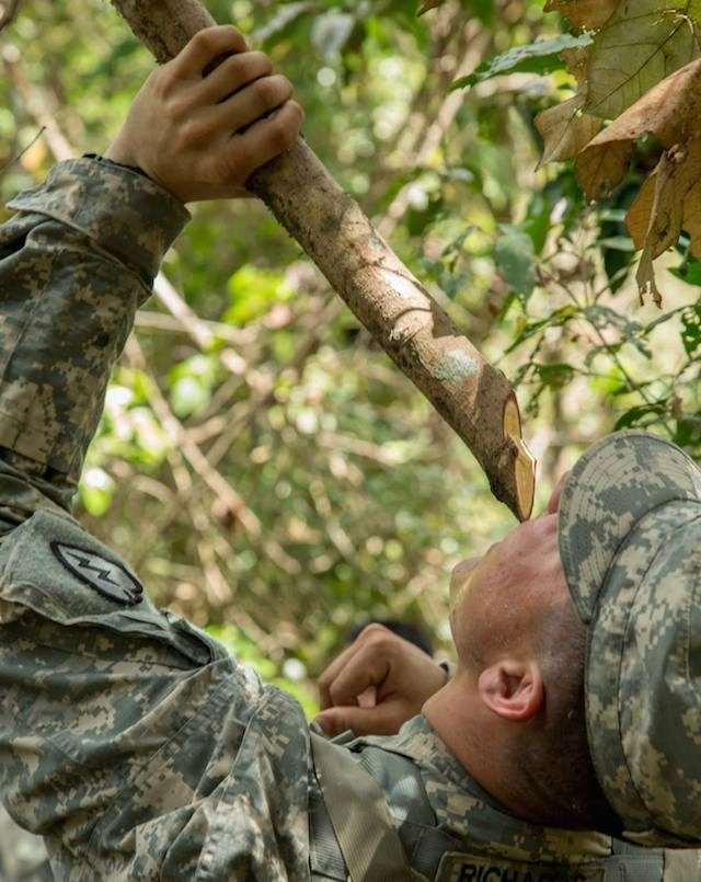 NATURAL WATER. A US soldier drinks from a cut branch. U.S. Army photo by Pfc. Samantha Van Winkle/Released 