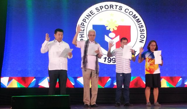 A NEW HOPE. Dennis Uy, Leoncio B. Evasco Jr. , Roel Velasco and Hidilyn Diaz take the Oath of Support for the PSI. Photo by Alain Canto 