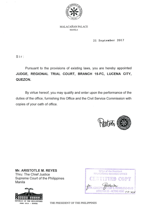 APPOINTED. President Duterte appoints Aristotle Reyes to Regional Trial Court Judge 