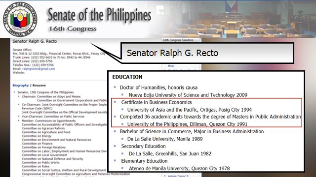 Screenshot of Recto's resumé after the publication of Rappler's report