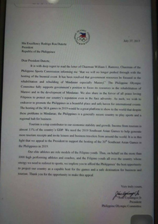 A copy of the letter sent by Philippine Olympic Committee president Jose 'Peping' Cojuangco Jr to President Rodrigo Roa Duterte. Photo from Mars G. Alison/Rappler 