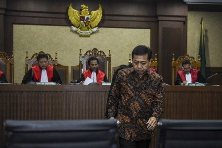 Ketua DPR Setya Novanto menjadi saksi dalam sidang kasus korupsi KTP elektronik (KTP-el) dengan terdakwa Andi Agustinus alias Andi Narogong di Pengadilan Tipikor Jakarta, Jumat (3/11). FOTO oleh ANTARA/Rappler 