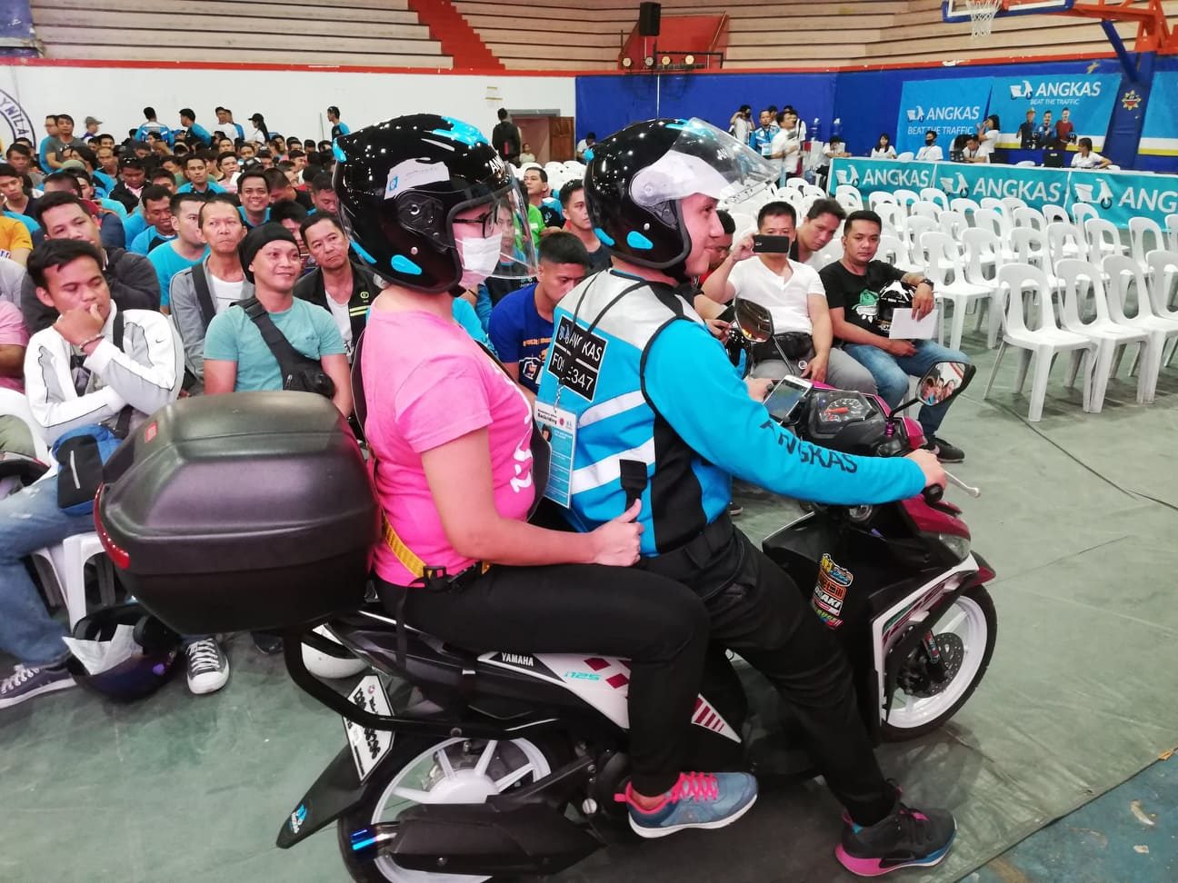 RETRAINING. Angkas says they are retraining about 2,000 drivers a day in San Andres Complex in Manila. 