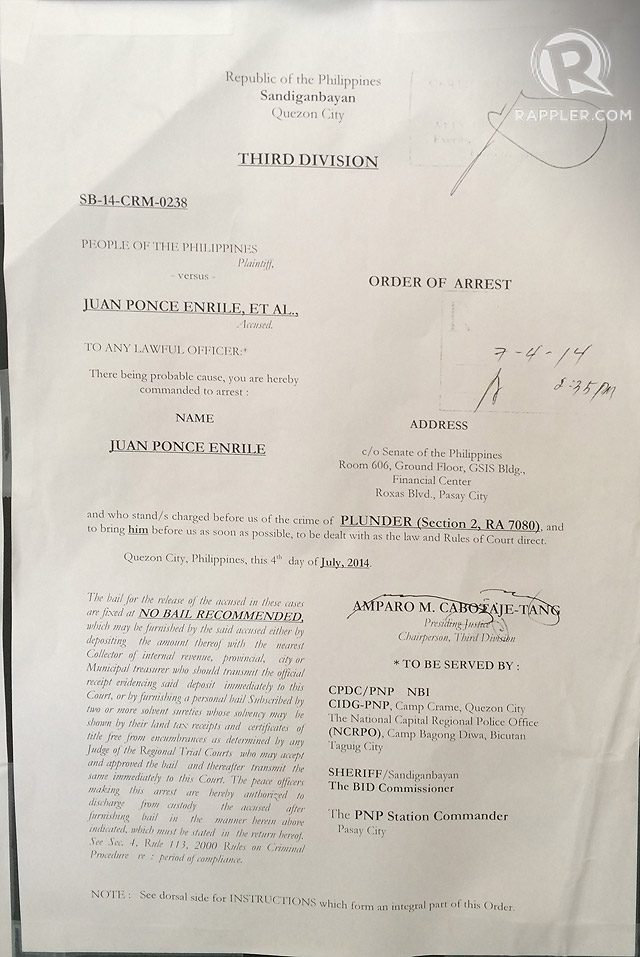 ARREST WARRANT. The Sandiganbayan's Third Division issues an order of arrest for Senator Juan Ponce Enrile.