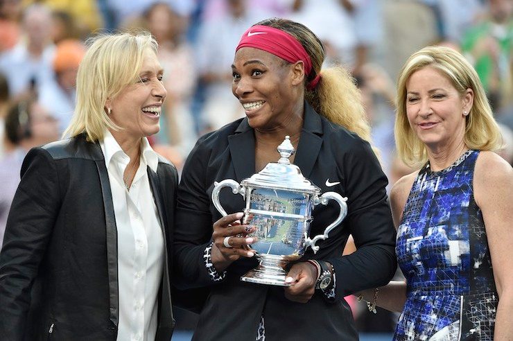'18' CLUB. Serena Williams reacts with the championship trophy alongside tennis greats Martina Navratilova (L) and Chris Evert (R) after defeating Caroline Wozniacki to win the women's final match of the 2014 US Open Tennis Championship in New York, USA, 07 September 2014. Justin Lane/EPA