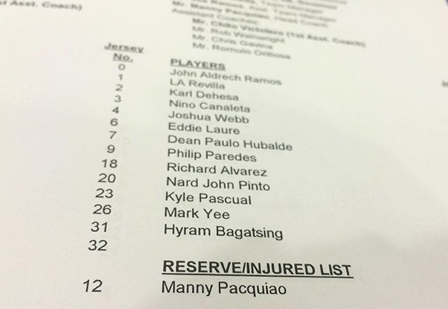 Playing coach Manny Pacquiao listed as a reserve. 