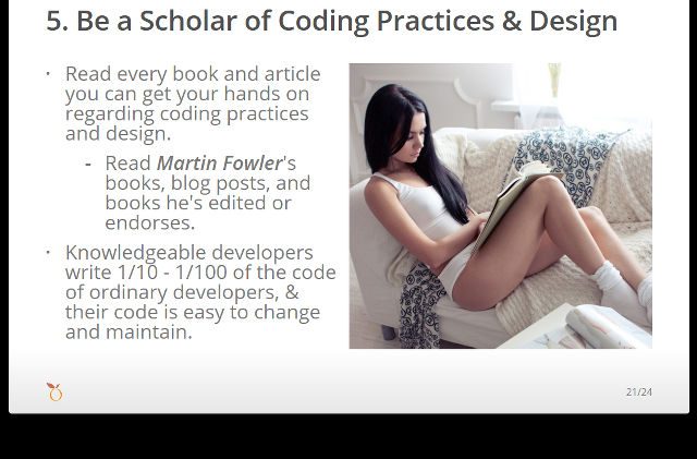 WOMEN IN TECH? What does the scantily-clad woman have to do with coding practices and design? From Calen Legaspi’s presentation, "How Technical Debt Can Ruin a Business."