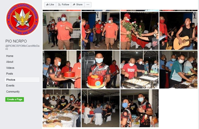 BREAKING RULES. The photos show cops violating social distancing rules and the ban on mass gatherings under quarantine. Rappler screenshot 