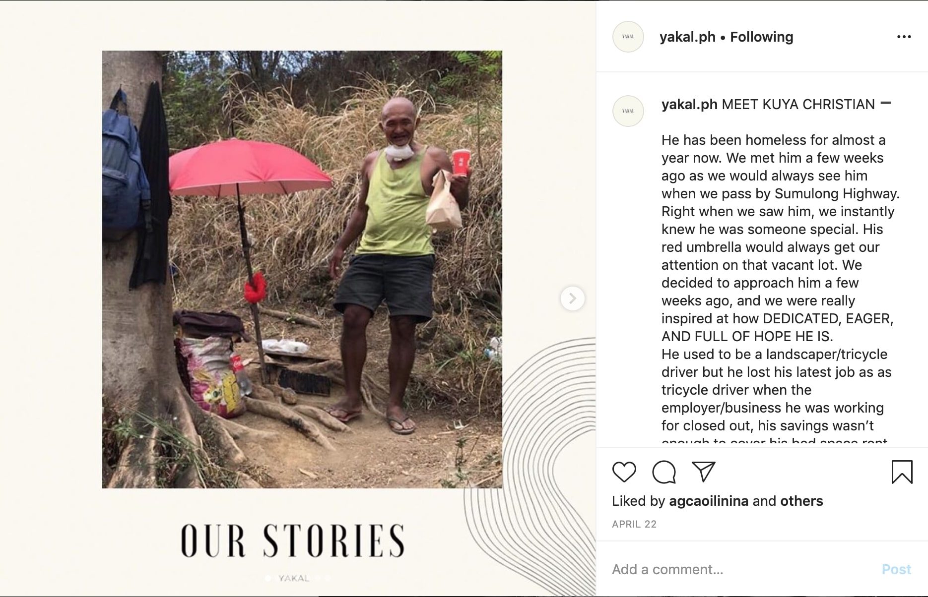 KUYA CHRISTIAN. Yakal makes the effort to tell the stories of the homeless people it aims to sustainably help. Screenshot from Yakal.ph Instagram page