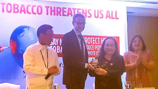 ADVOCATE. Health Secretary Paulyn Ubial receives the 2017 World No Tobacco Day Award from the World Health Organization. Photo by Jee Y. Geronimo/Rappler  