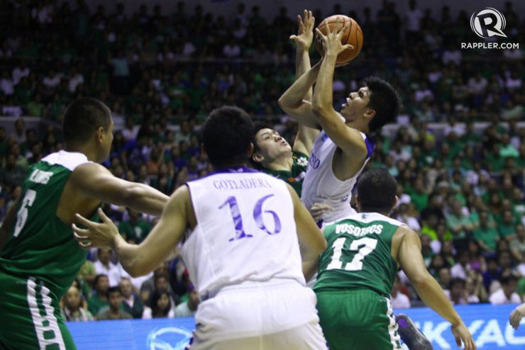 Kiefer Ravena rises over Jeron Teng and Almond Vosotros to the hoop
