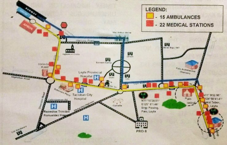 CAVALCADE ROUTE. The yellow line shows the long stretch of the Cavalcade route from Tacloban Airport to the Archbishop's Palace in Palo town.
