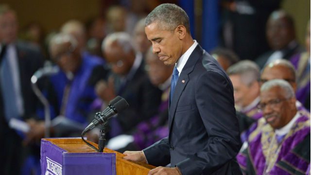 HIGH EMOTION. United States President Barack Obama delivers a tearful eulogy for the slain Charleston pastor. Photo by AFP  