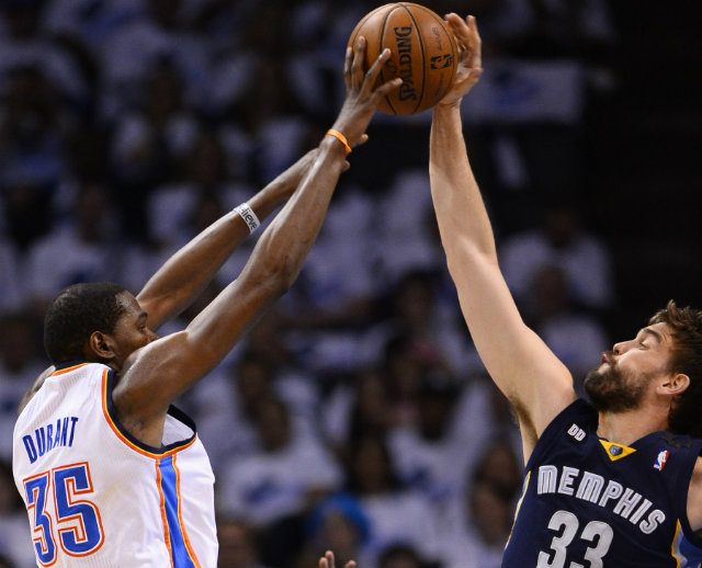 The Thunder-Grizzlies series will feature a showdown between Kevin Durant (L) and Marc Gasol (R). Photo by Larry W. Smith/EPA