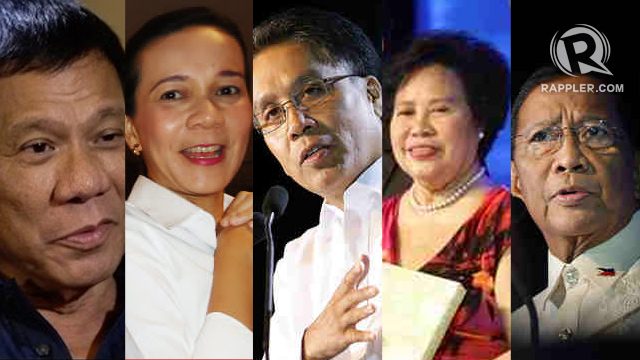 THE CANDIDATES. Presidential aspirants Rodrigo Duterte, Grace Poe, Mar Roxas, Miriam Defensor-Santiago, and Jejomar Binay all support the protection of OFWs' rights.  