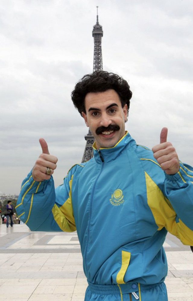 The Kazakh swimmers distanced themselves from the image portrayed by British comedian Sacha Baron Cohen. Photo by Bertrand Guay/AFP