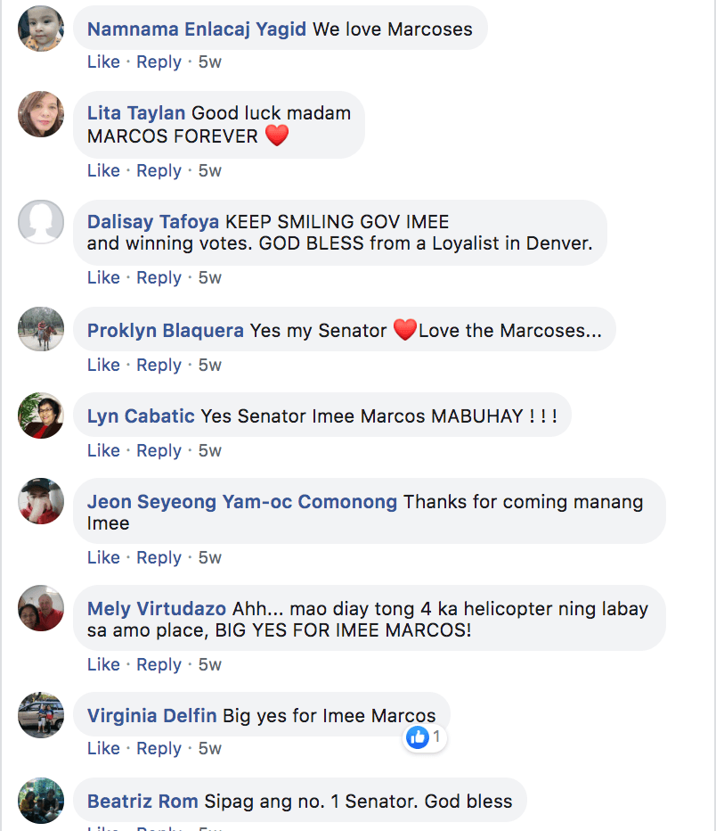 Comments on a post on Imee Marcos's official Facebook page. 