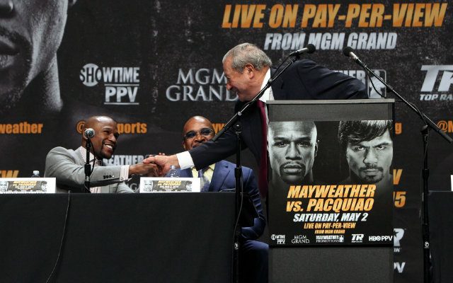 Floyd Mayweather and Bob Arum, once mortal enemies, share a moment at the press conference. Photo by Chris Farina - Top Rank 
