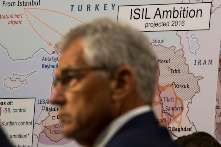 US Defense Secretary Chuck Hagel is seen in front of a display illustrating the threat posed by the Islamic State (IS) formerly known as ISIS, during a Senate Armed Services Committee hearing in the Hart Senate Office Building in Washington, DC USA, 16 September 2014. Jim Lo Scalzo/EPA