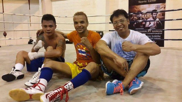 Denver Cuello (L), Amnat Ruenroeng (C) and Aljoe Jaro (R) smile during workouts in Thailand. Photo from Team Cuello 