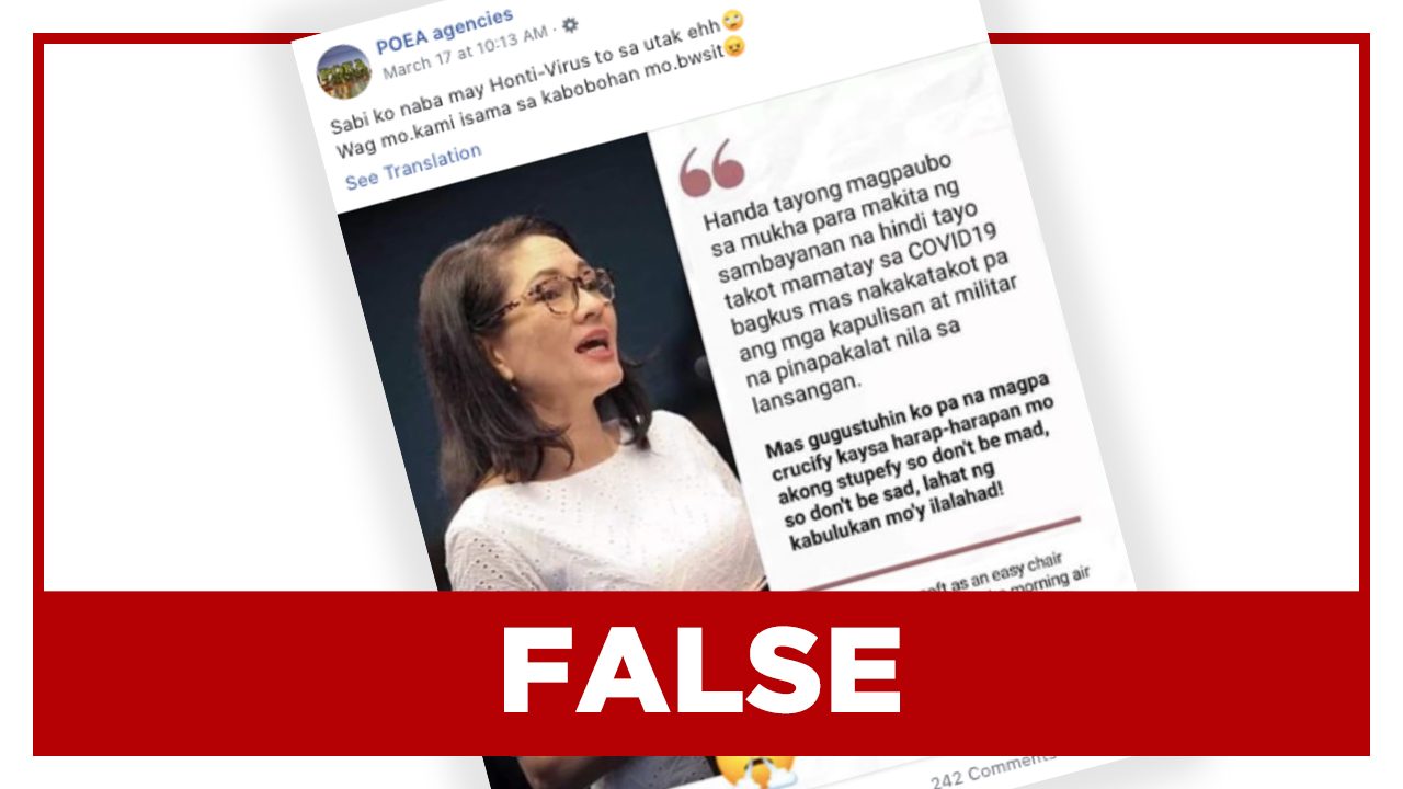 FALSE: Hontiveros says ‘police and military more frightening than dying from virus’