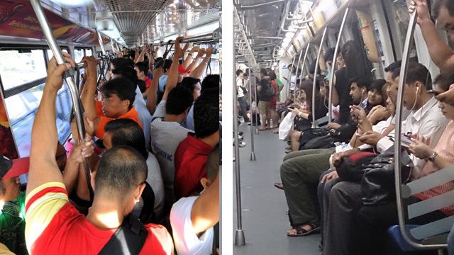 COMPARISON. On the left is the inside of an MRT train in Manila, on the right is the MRT in Singapore. File photo of Manila MRT by Ted Aljibe/AFP, Singapore MRT file photo from Wikimedia Commons 