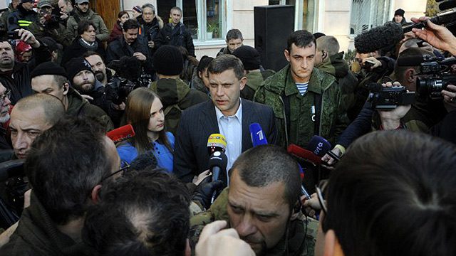 PRO-RUSSIAN SEPARATISTS. Alexander Zakharchenko, Prime Minister of the self-proclaimed Donetsk Peoples Republic and presidential candidate speaks to media after his vote in Donetsk on November 2, 2014. Pro-Russian separatists in eastern Ukraine began voting in controversial leadership elections on Sunday that Kiev and the West have refused to recognise and which threatened to deepen an international crisis over the conflict. Photo by AFP/Alexander Khudoteply 