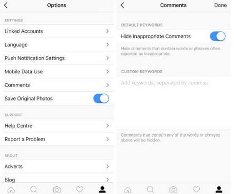 Pengguna akun Instagram bisa membuka menu Setting dan kemudian menyesuaikan kata-kata yang mana yang termasuk dalam daftar yang akan disembunyikan dari komentar. Foto screen capture dari setting iPhone. 
