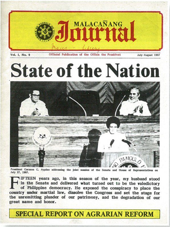 POST-EDSA SONA. Former president Corazon Aquino delivers her first State of the Nation Address, post-EDSA revolution. Photo courtesy of the Presidential Museum and Library   