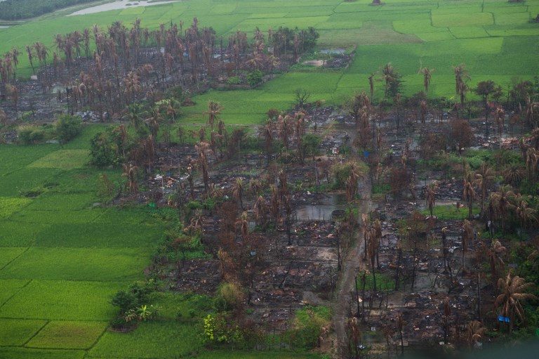 SCORCHED EARTH. This file photo taken on September 27, 2017 shows and aerial view of burnt villages near Maungdaw in Myanmar's northern Rakhine state. Photo by STR / AFP 