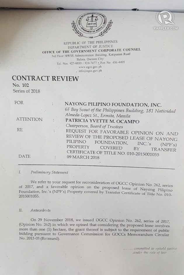 First page of the OGCC's legal review of the NayonLanding lease contract sourced by Rappler 