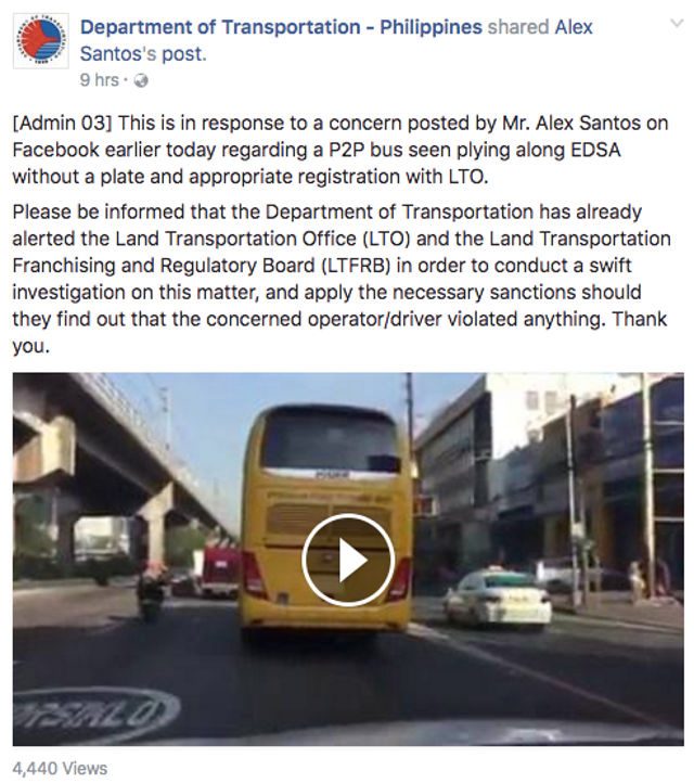RESPONSE. The Department of Transportation responds to a complaint regarding point-to-point buses. Screen shot from Facebook. 