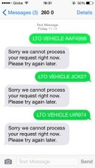 LTO insiders say there is no database for new car plate numbers. This photo shows the LTO Hotline unable to process request for verification.   
