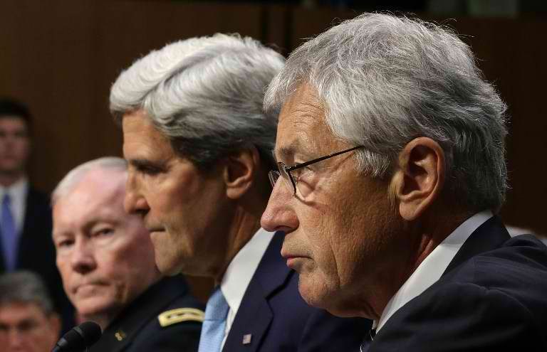 COALITION. Secretary of State John Kerry and Defense Secretary Chuck Hagel calls for the creation of a broad international coalition against Islamic State in Iraq and Syria. Photo from AFP