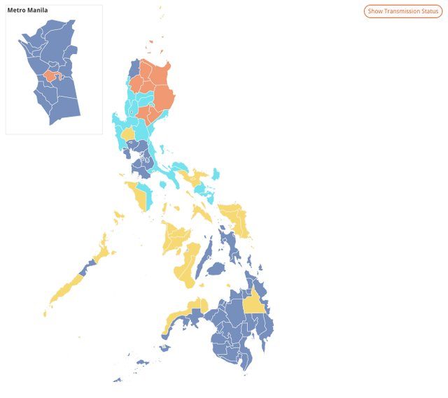 MANILA. Based on unofficial results as of 11am of May 10, majority of NCR is colored dark blue – signifying the lead of presidential candidate Rodrigo Duterte. Screenshot from Rappler's results page 