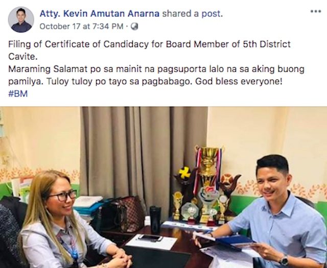 COC FILED. Kevin Anarna submits his certificate of candidacy. Screenshot from Anarna's Facebook page  