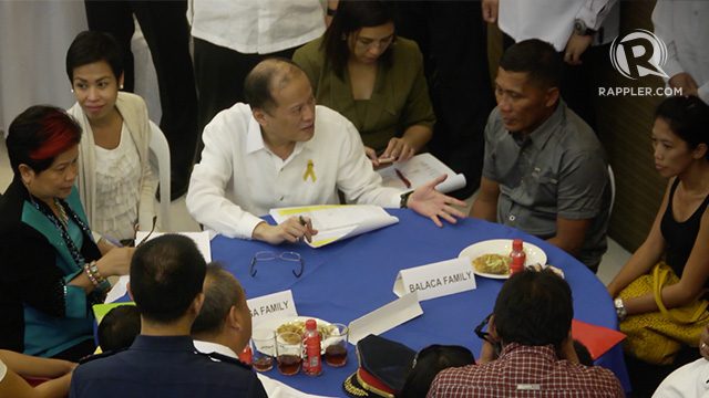 COMMANDER-IN-CHIEF. President Benigno Aquino III makes an unscheduled visit to Camp Crame, the national police headquarters, on February 18, 2015, to meet with the families of Special Action Force commandos who died in Mamasapano, Maguindanao.  