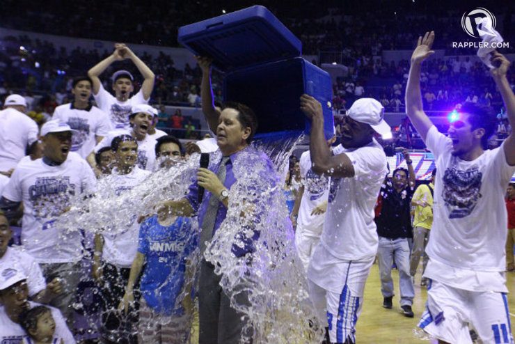 DRENCHED. Two-time Grand Slam coach and 18-time champion coach Tim Cone is appreciated by his players the best way they know how: By drenching him with water. Photo by Josh Albelda