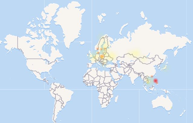 DOWNTIME MAP. Facebook is down in the following general areas. Screen shot from Downdetector.com 