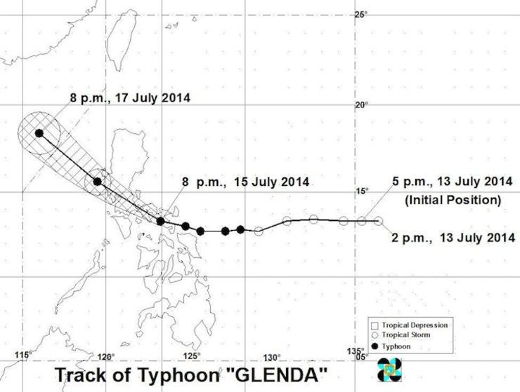 PAGASA projection of typhoon Glenda's track as of 11pm Tuesday, July 15