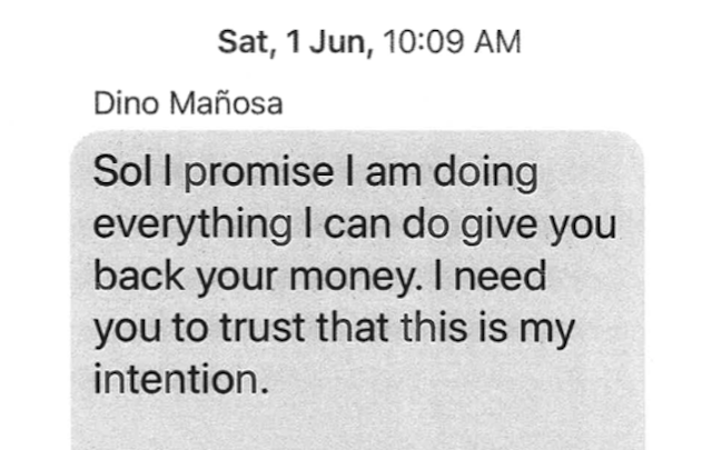 PERSONAL TEXT. Complainant Marisol Ramirez and Dino Mañosa communicated through text messages in June 2019 as seen in this submission to the court
