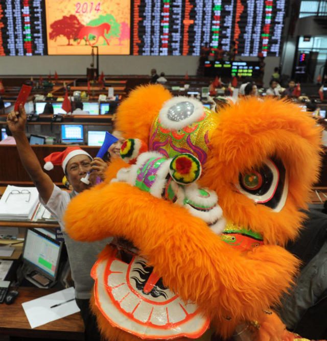 BUSINESS INFLUENCE. A lion dance is performed on the trading floor of the Philippine Stock Exchange during Chinese Lunar New Year celebrations in Manila's financial district on Feb 3, 2014. Photo by Jay Directo/AFP